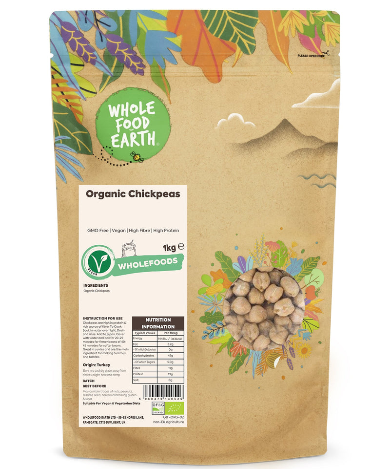 Organic Chickpeas | GMO Free | Vegan | High Fibre | High Protein - Wholefood Earth® - 5060470140526