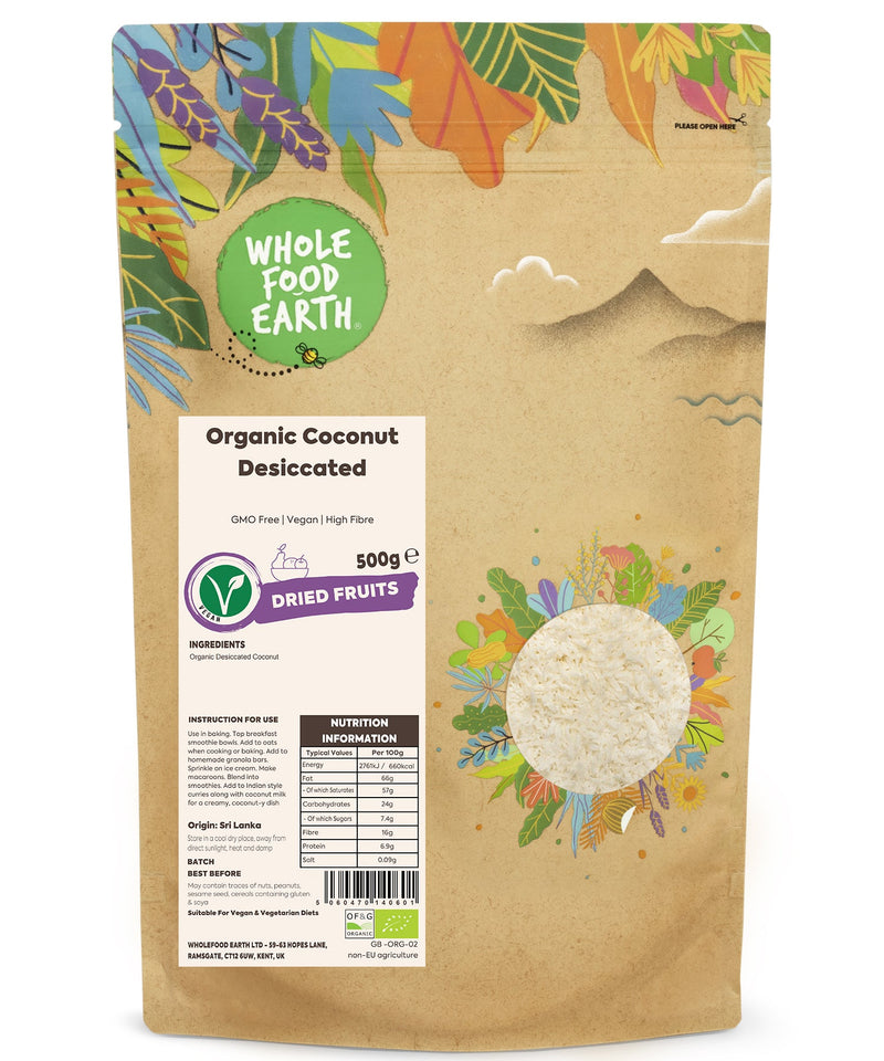 Organic Coconut Desiccated | GMO Free | Vegan | High Fibre - Wholefood Earth® - 5060470140601