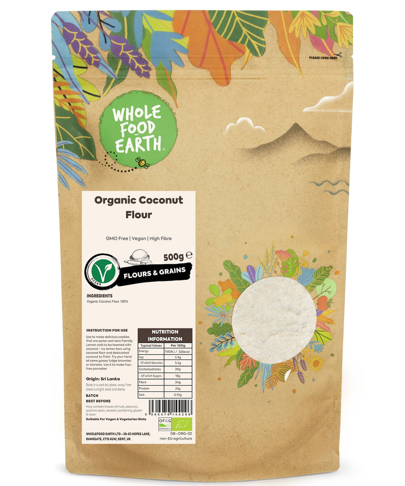 Organic Coconut Flour | GMO Free | Vegan | High Fibre - Wholefood Earth® - 5060470144296