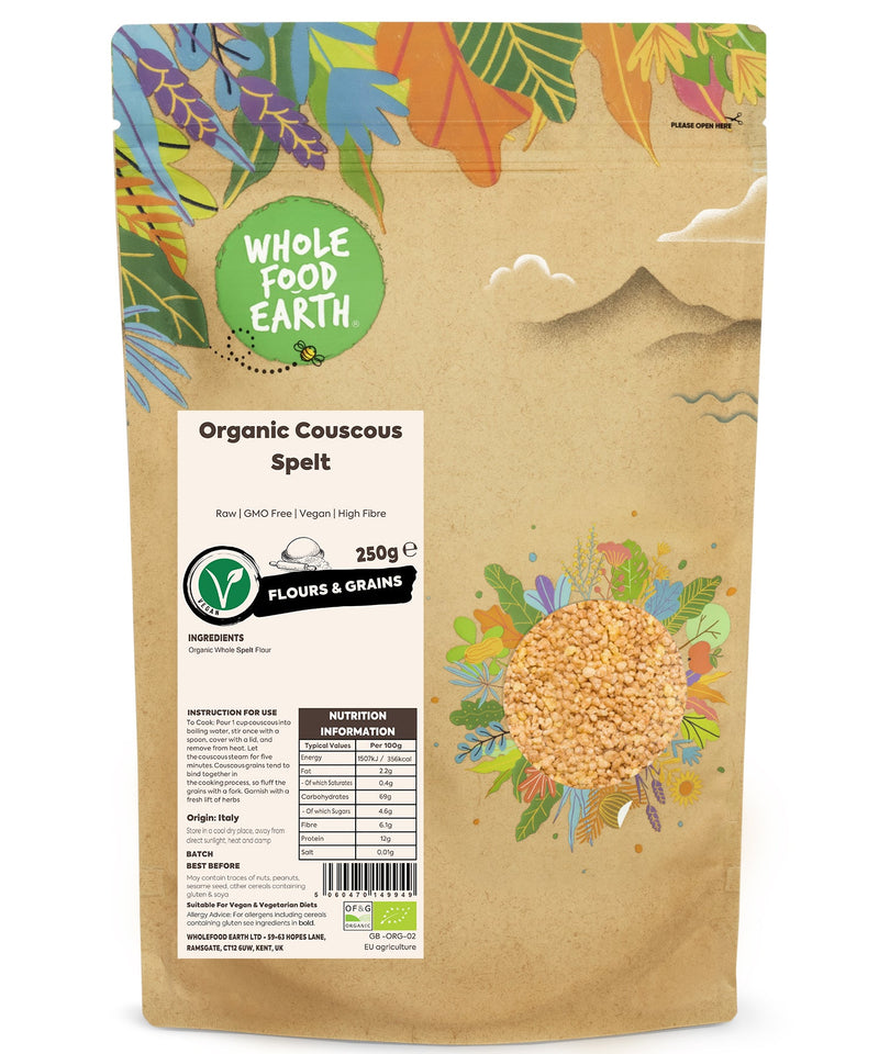 Organic Couscous Spelt | Raw | GMO Free | Vegan | High Fibre - Wholefood Earth® - 5060470149949
