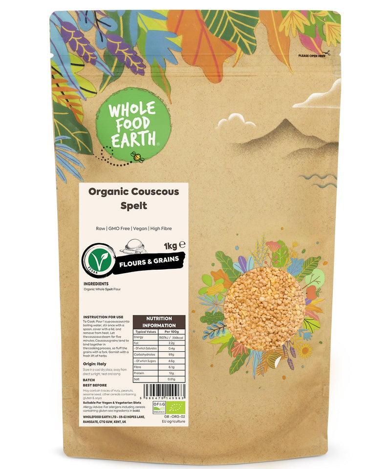 Organic Couscous Spelt | Raw | GMO Free | Vegan | High Fibre - Wholefood Earth® - 5060470149963