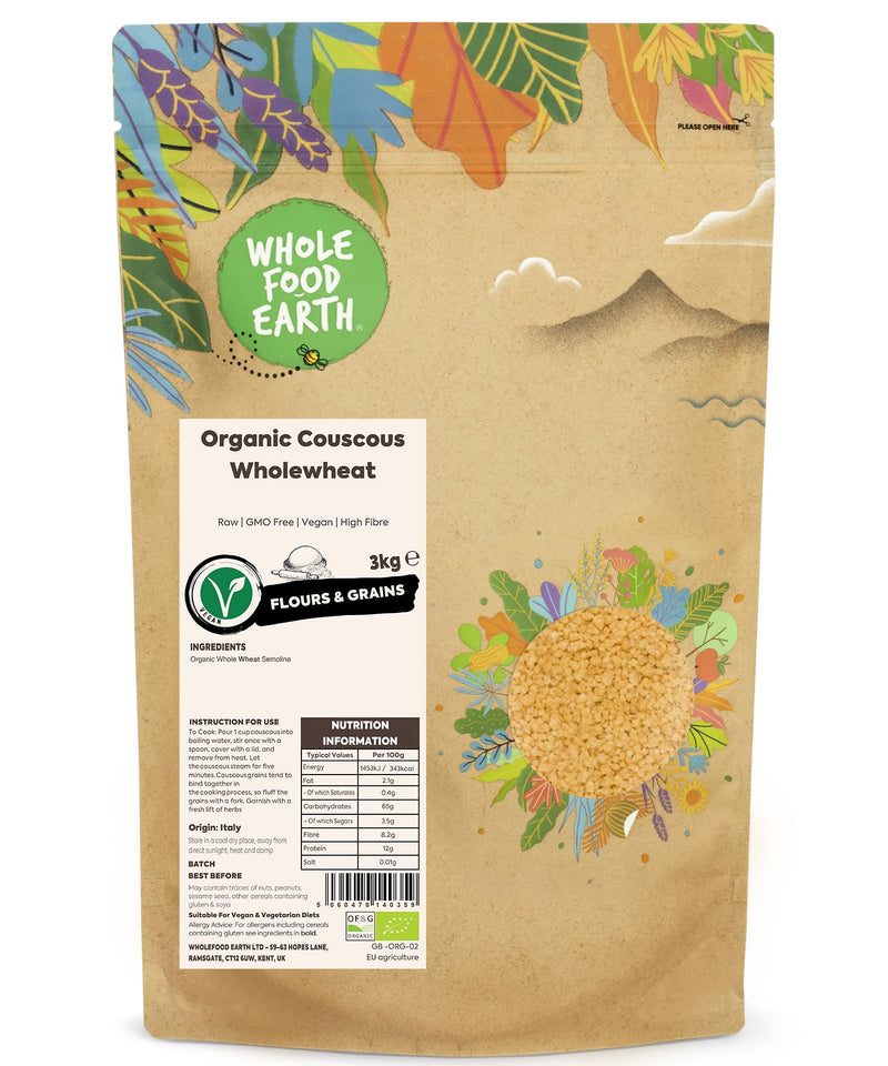 Organic Couscous Wholewheat | Raw | GMO Free | Vegan | High Fibre - Wholefood Earth® - 5060470140359