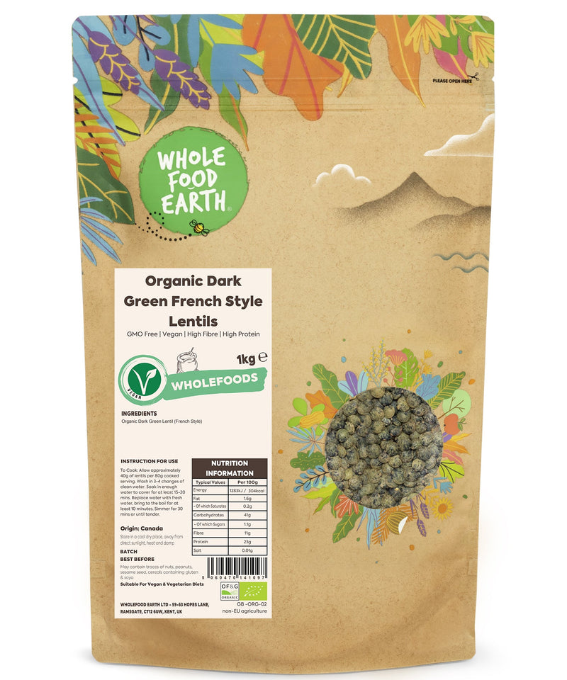 Organic Dark Green French Style Lentils | GMO Free | Vegan | High Fibre | High Protein - Wholefood Earth® - 5060470141097