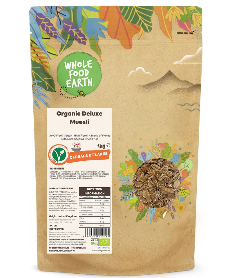 Organic Deluxe Muesli - A Blend of Flakes with Nuts, Seeds & Dried Fruit | GMO Free | Vegan | High Fibre - Wholefood Earth® - 5060470142162