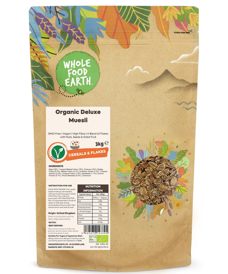 Organic Deluxe Muesli - A Blend of Flakes with Nuts, Seeds & Dried Fruit | GMO Free | Vegan | High Fibre - Wholefood Earth® - 5060470143305