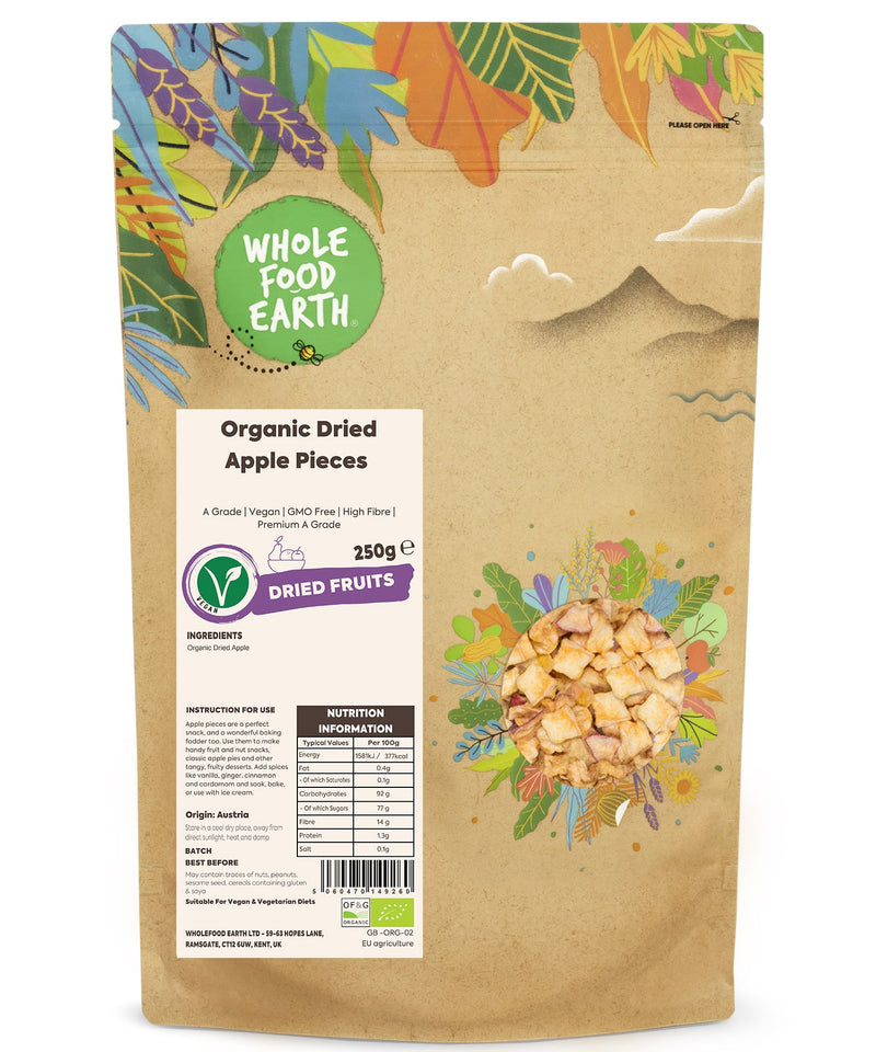 Organic Dried Apple Pieces (A Grade) | A Grade | Vegan | GMO Free | High Fibre - Wholefood Earth® - 5060470149260