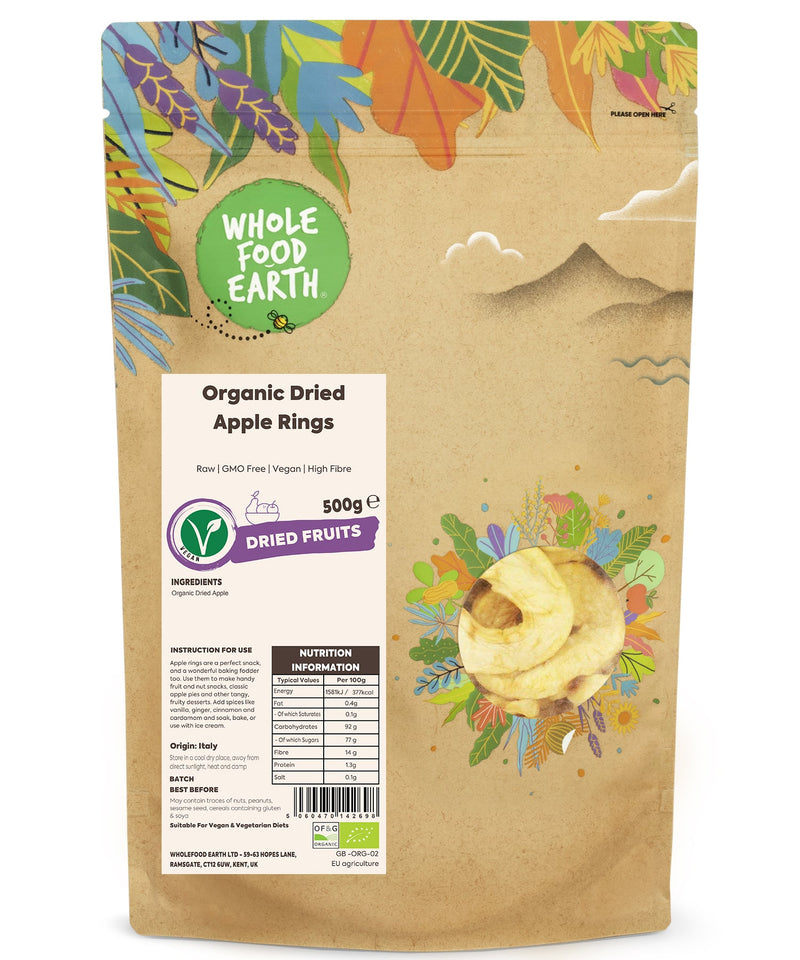 Organic Dried Apple Rings | Raw | GMO Free | Vegan | High Fibre - Wholefood Earth® - 5060470142698