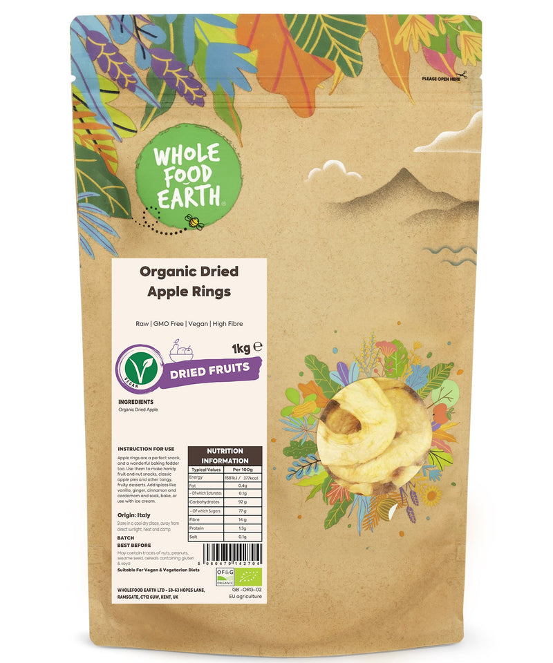 Organic Dried Apple Rings | Raw | GMO Free | Vegan | High Fibre - Wholefood Earth® - 5060470142704