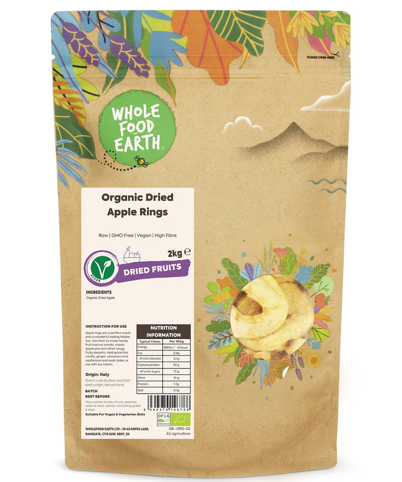 Organic Dried Apple Rings | Raw | GMO Free | Vegan | High Fibre - Wholefood Earth® - 5060470146788