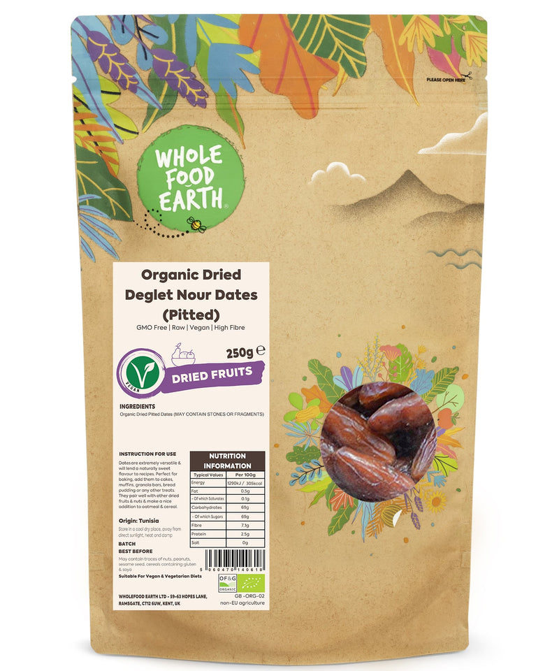 Organic Dried Deglet Nour Dates (Pitted) | GMO Free | Raw | Vegan | High Fibre - Wholefood Earth® - 5060470140618
