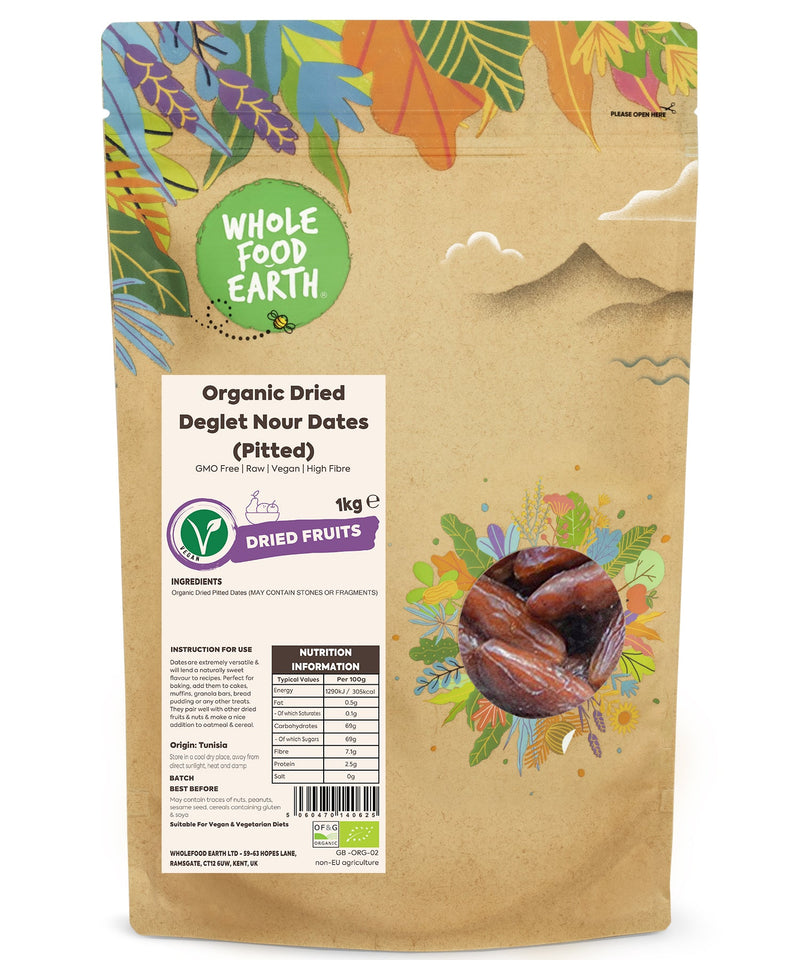 Organic Dried Deglet Nour Dates (Pitted) | GMO Free | Raw | Vegan | High Fibre - Wholefood Earth® - 5060470140625