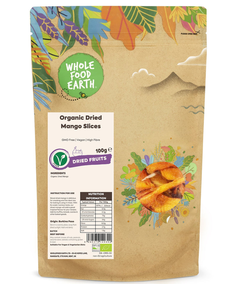 Organic Dried Mango Slices | GMO Free | Vegan | High Fibre - Wholefood Earth® - 5060470140892