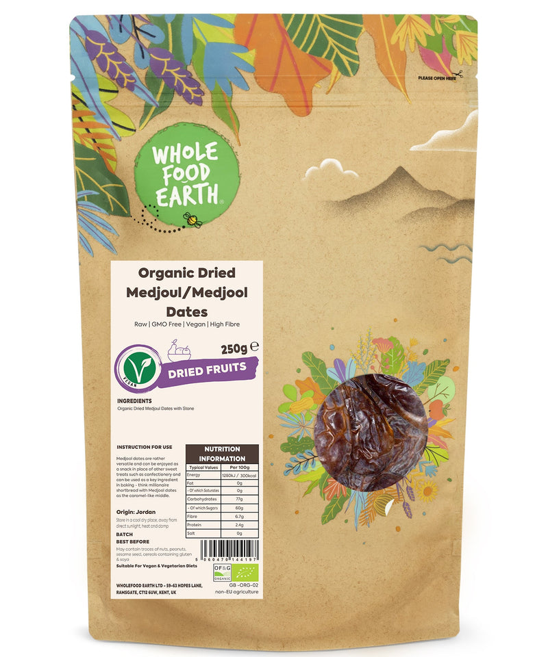 Organic Dried Medjoul/Medjool Dates | Raw | GMO Free | Vegan | High Fibre - Wholefood Earth® - 5060470144197