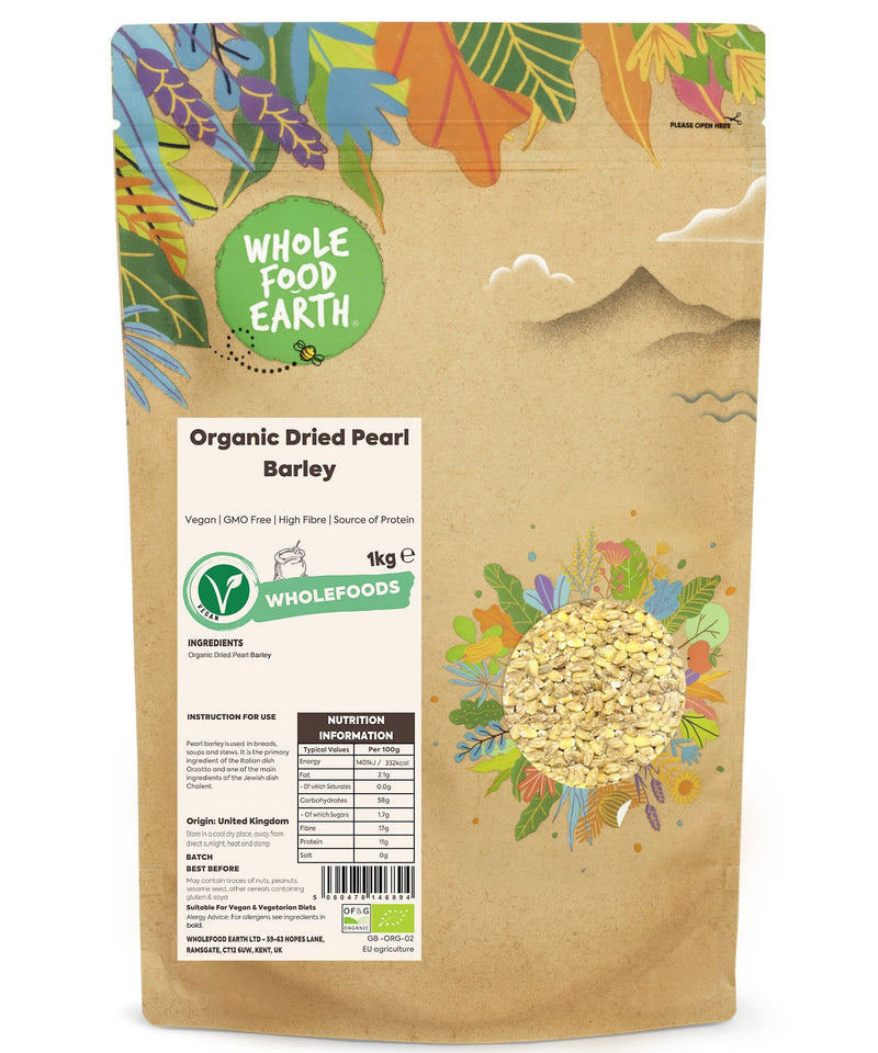 Organic Dried Pearl Barley | Vegan | GMO Free | High Fibre | Source of Protein - Wholefood Earth® - 5060470146894