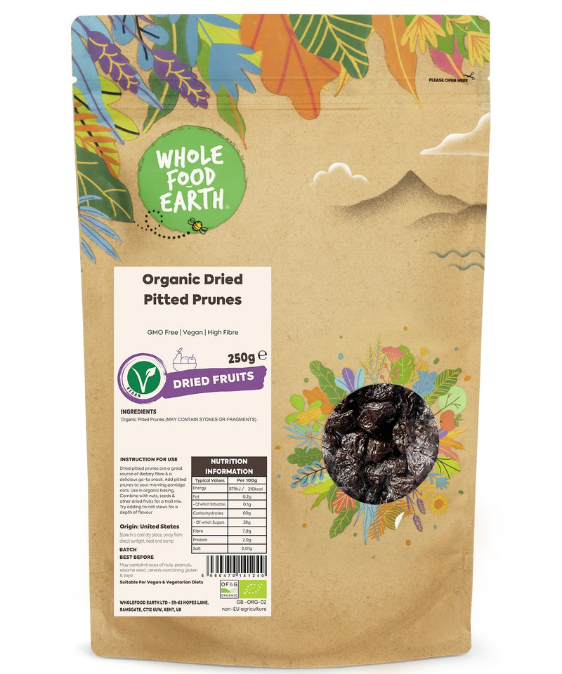 Organic Dried Pitted Prunes | GMO Free | Vegan | High Fibre - Wholefood Earth® - 5060470141240