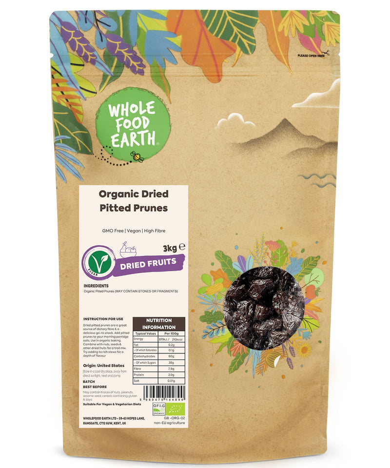 Organic Dried Pitted Prunes | GMO Free | Vegan | High Fibre - Wholefood Earth® - 5060470144890