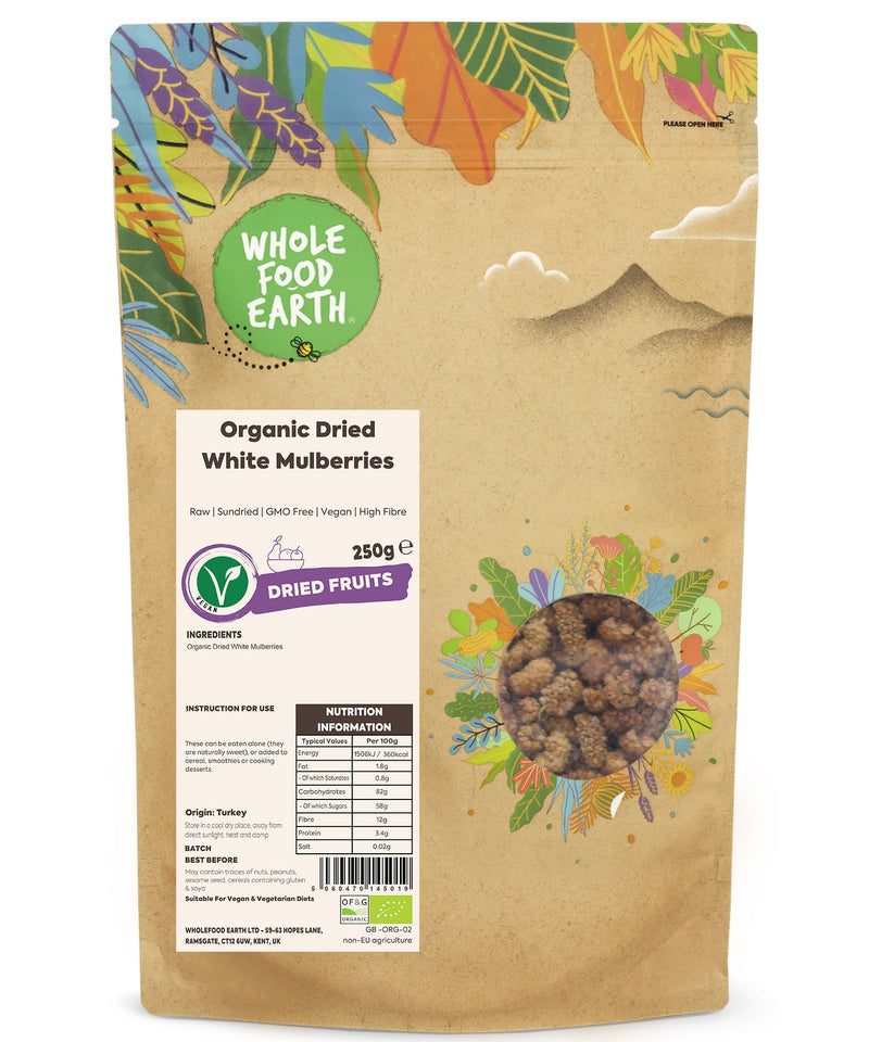 Organic Dried White Mulberries | Raw | Sundried | GMO Free | Vegan | High Fibre - Wholefood Earth® - 5060470145019