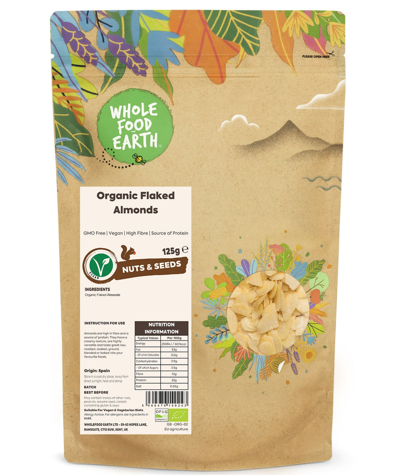 Organic Flaked Almonds | GMO Free | Vegan | High Fibre | Source of Protein - Wholefood Earth® - 5060470140243