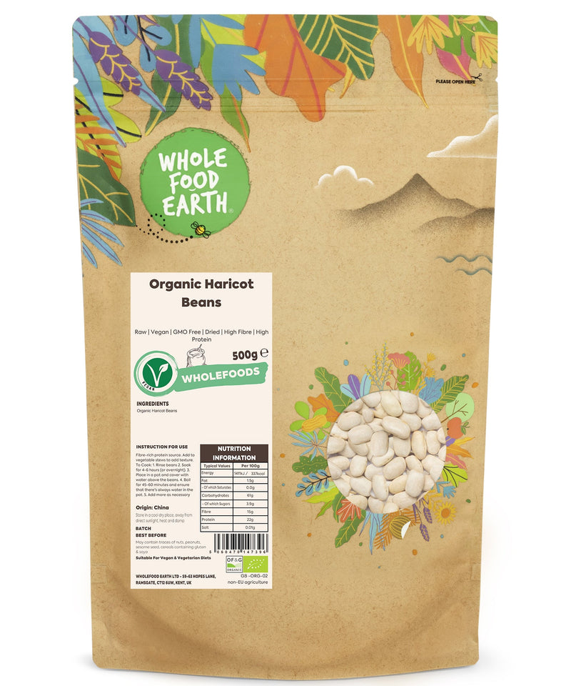 Organic Haricot Beans | Raw | Vegan | GMO Free | Dried | High Fibre | High Protein - Wholefood Earth® - 5060470147396
