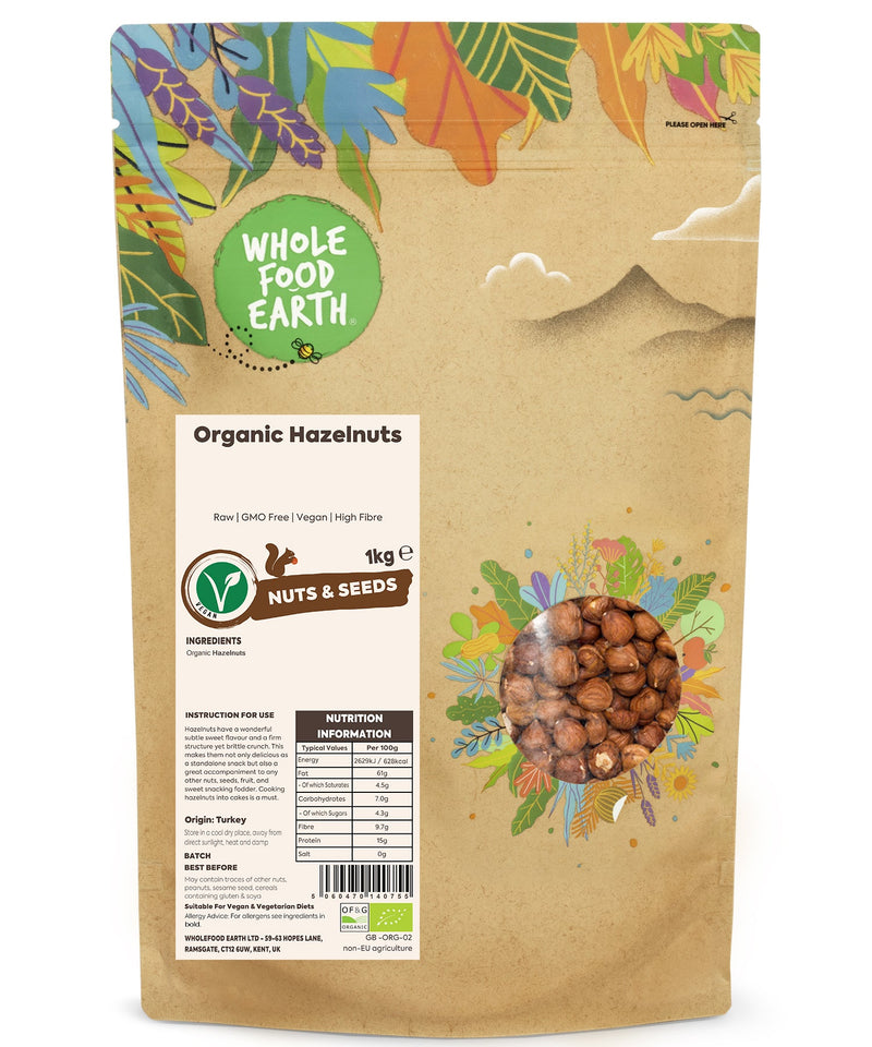 Organic Hazelnuts | Raw | GMO Free | Vegan | High Fibre - Wholefood Earth® - 5060470140755