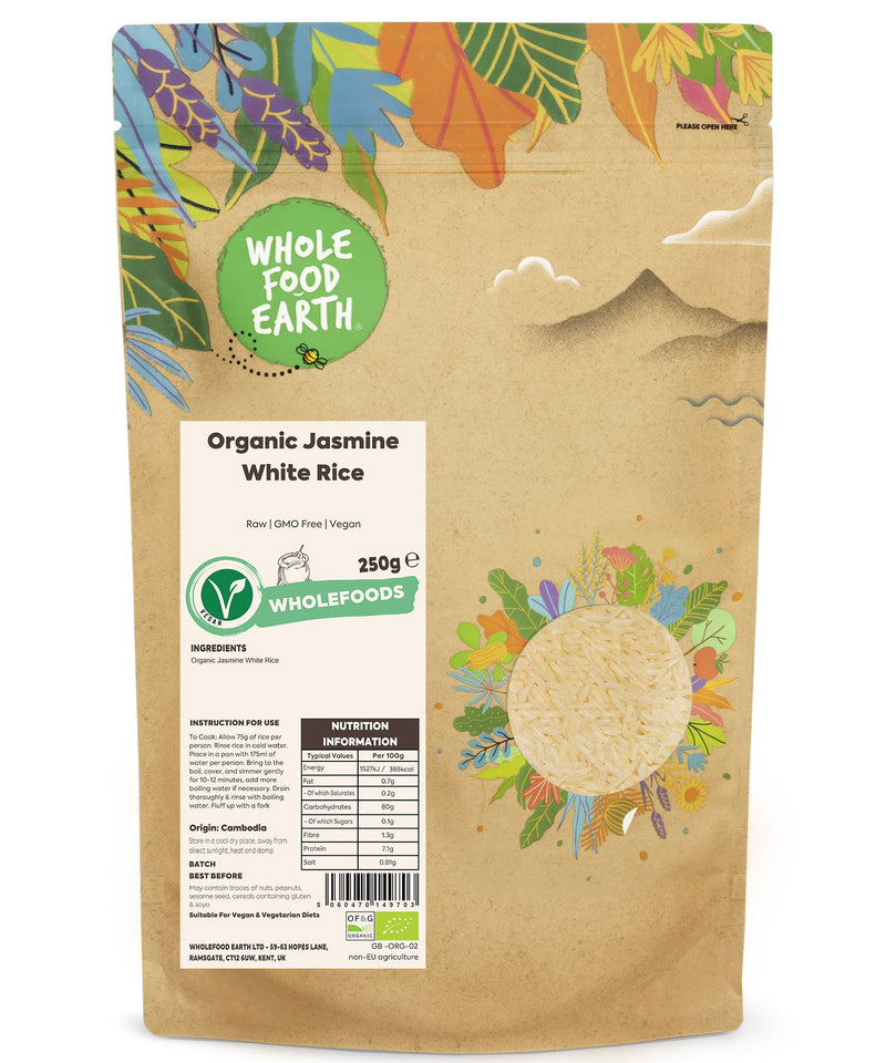 Organic Jasmine White Rice | Raw | GMO Free | Vegan - Wholefood Earth® - 5060470149703