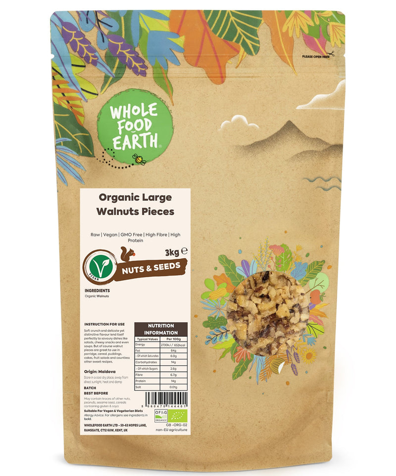 Organic Large Walnuts Pieces | Raw | Vegan | GMO Free | High Fibre | High Protein - Wholefood Earth® - 5060470144401