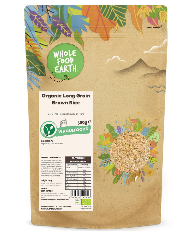 Organic Long Grain Brown Rice | GMO Free | Vegan | Source of Fibre - Wholefood Earth® - 5060470140847