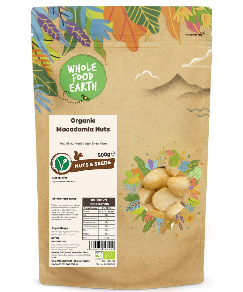 Organic Macadamia Nuts | Raw | GMO Free | Vegan | High Fibre - Wholefood Earth® - 5060470142889