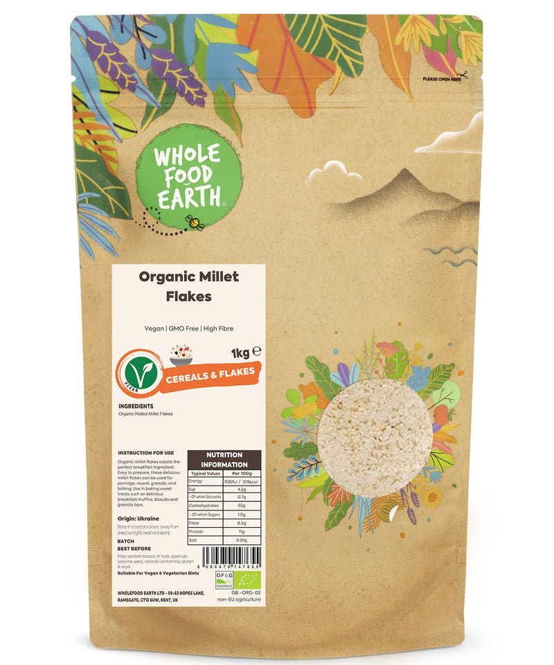 Organic Millet Flakes | Vegan | GMO Free | High Fibre - Wholefood Earth® - 5060470147655