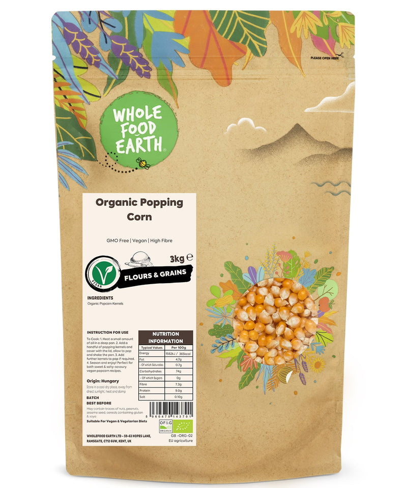 Organic Popping Corn | GMO Free | Vegan | High Fibre - Wholefood Earth® - 5060470143701