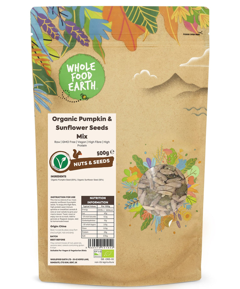 Organic Pumpkin & Sunflower Seeds Mix | Raw | GMO Free | Vegan | High Fibre | High Protein - Wholefood Earth® - 5060470141042