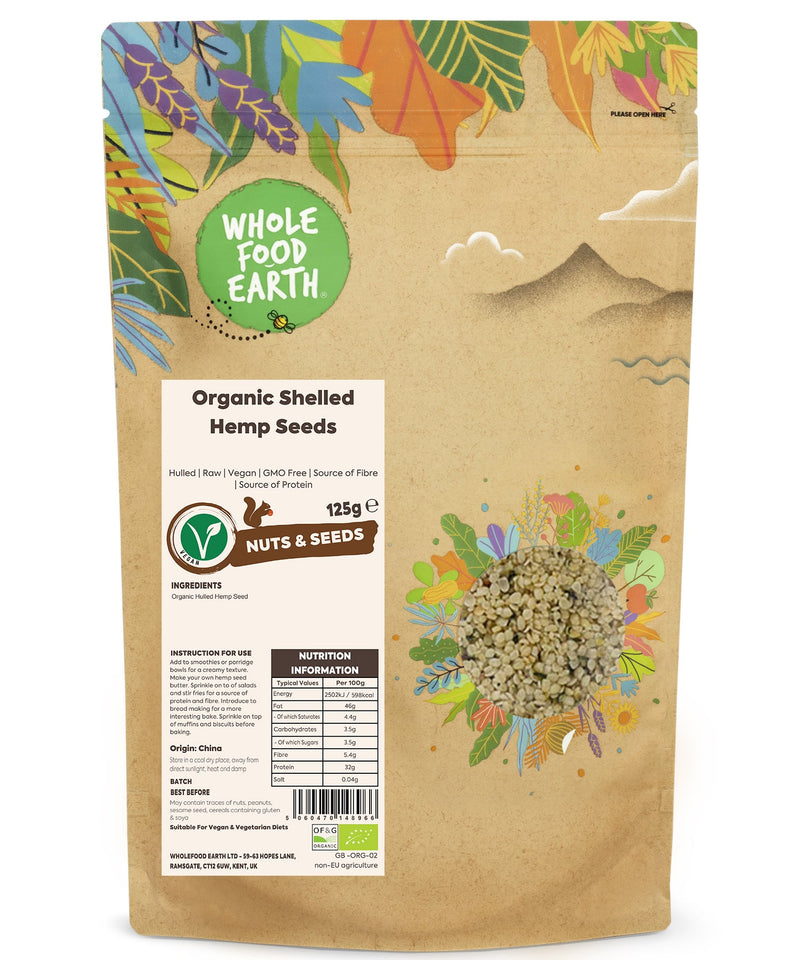 Organic Shelled Hemp Seeds | Hulled | Raw | Vegan | GMO Free | Source of Fibre | Source of Protein - Wholefood Earth® - 5060470148966