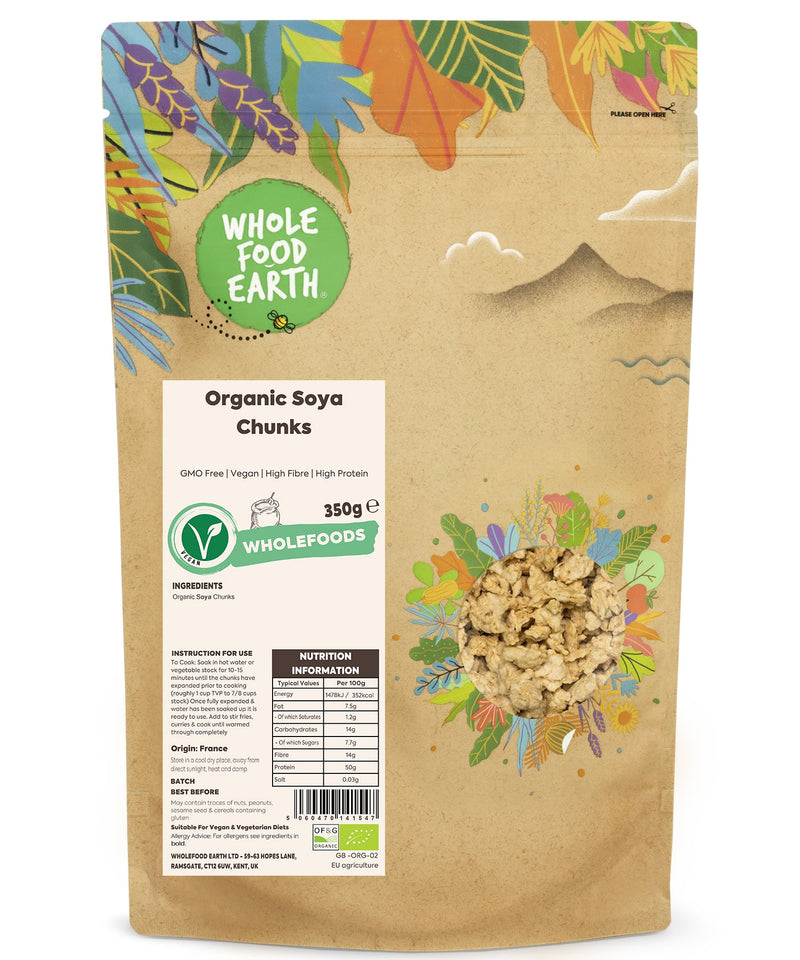 Organic Soya Chunks | GMO Free | Vegan | High Fibre | High Protein - Wholefood Earth® - 5060470141547