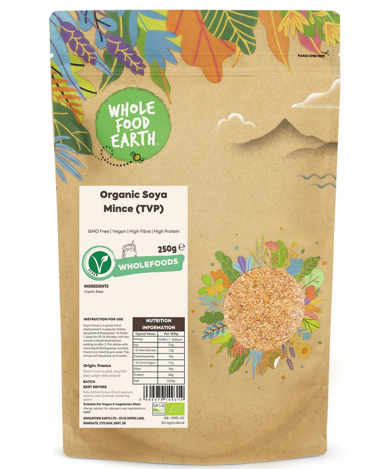Organic Soya Mince (TVP) | GMO Free | Vegan | High Fibre | High Protein - Wholefood Earth® - 5060470149314