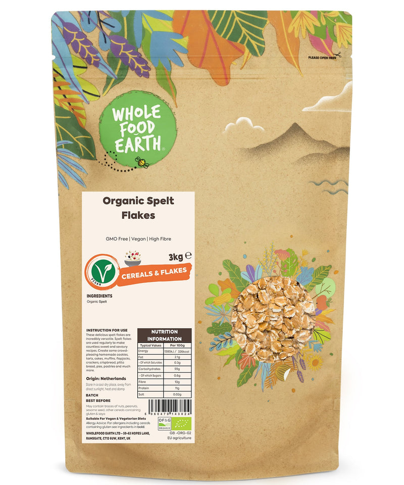 Organic Spelt Flakes |GMO Free | Vegan | High Fibre - Wholefood Earth® - 5060470143824