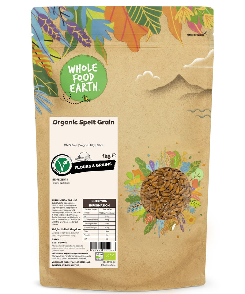 Organic Spelt Grain | GMO Free | Vegan | High Fibre - Wholefood Earth® - 5060470141288