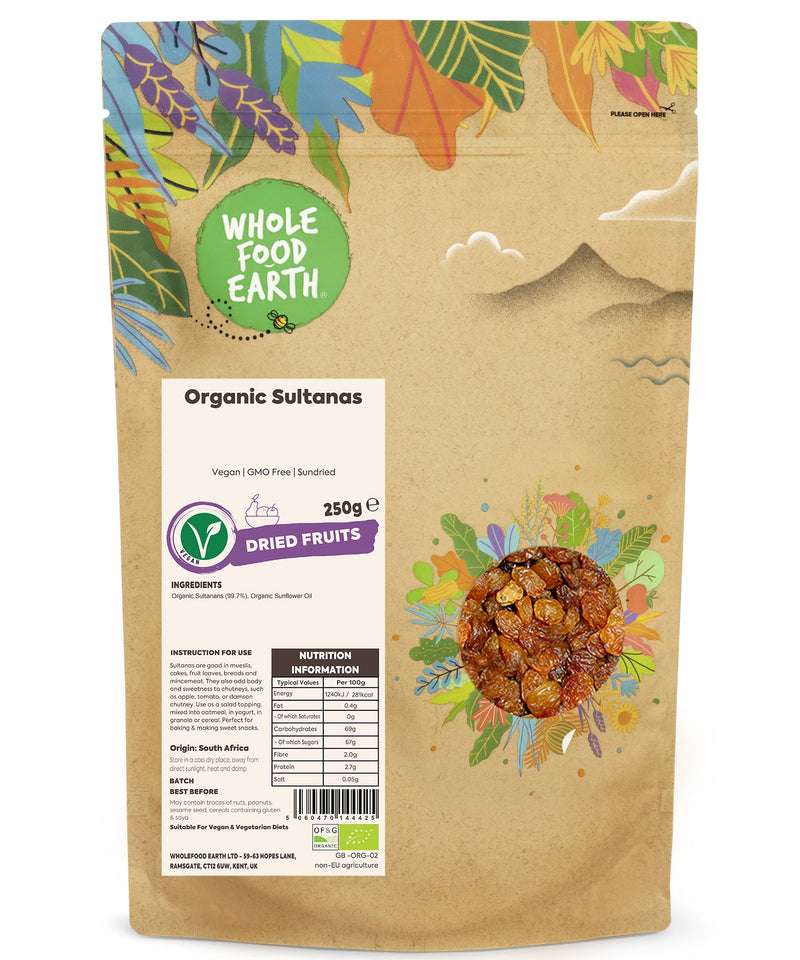 Organic Sultanas | Vegan | GMO Free | Sundried - Wholefood Earth® - 5060470144425
