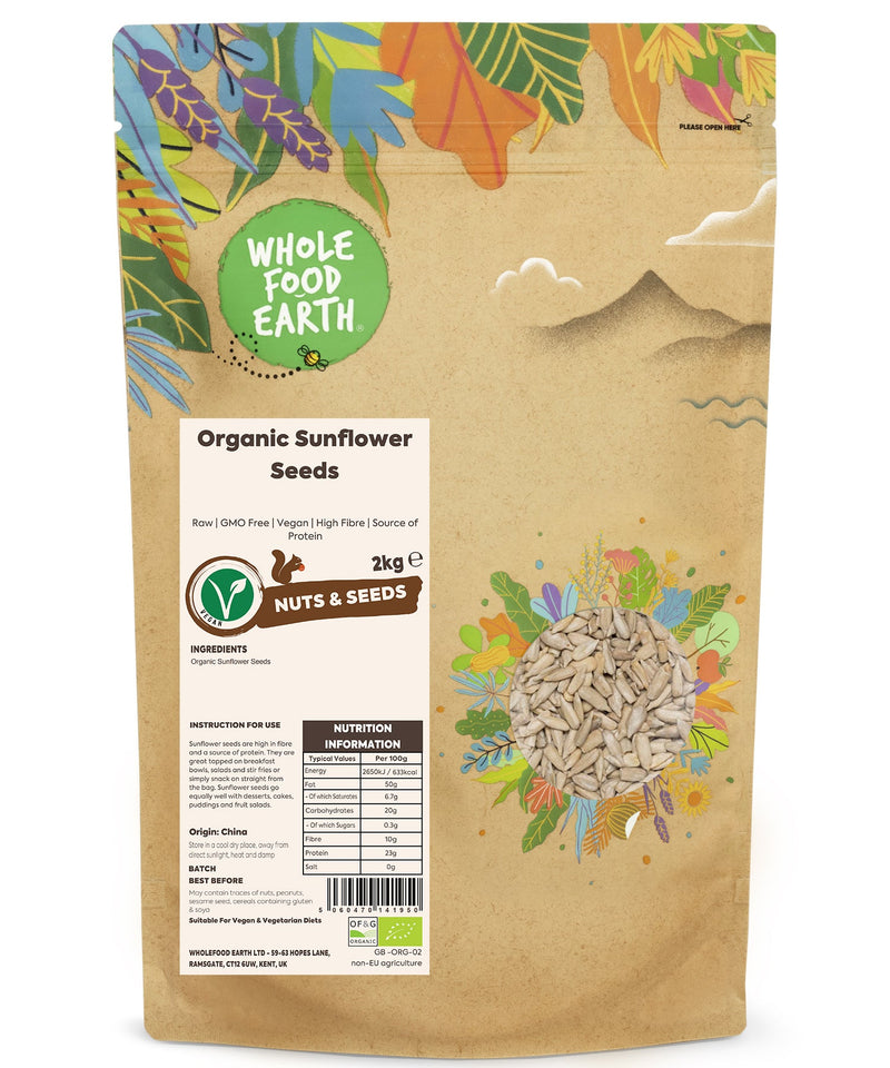 Organic Sunflower Seeds | Raw | GMO Free | Vegan | High Fibre | Source of Protein - Wholefood Earth® - 5060470141950