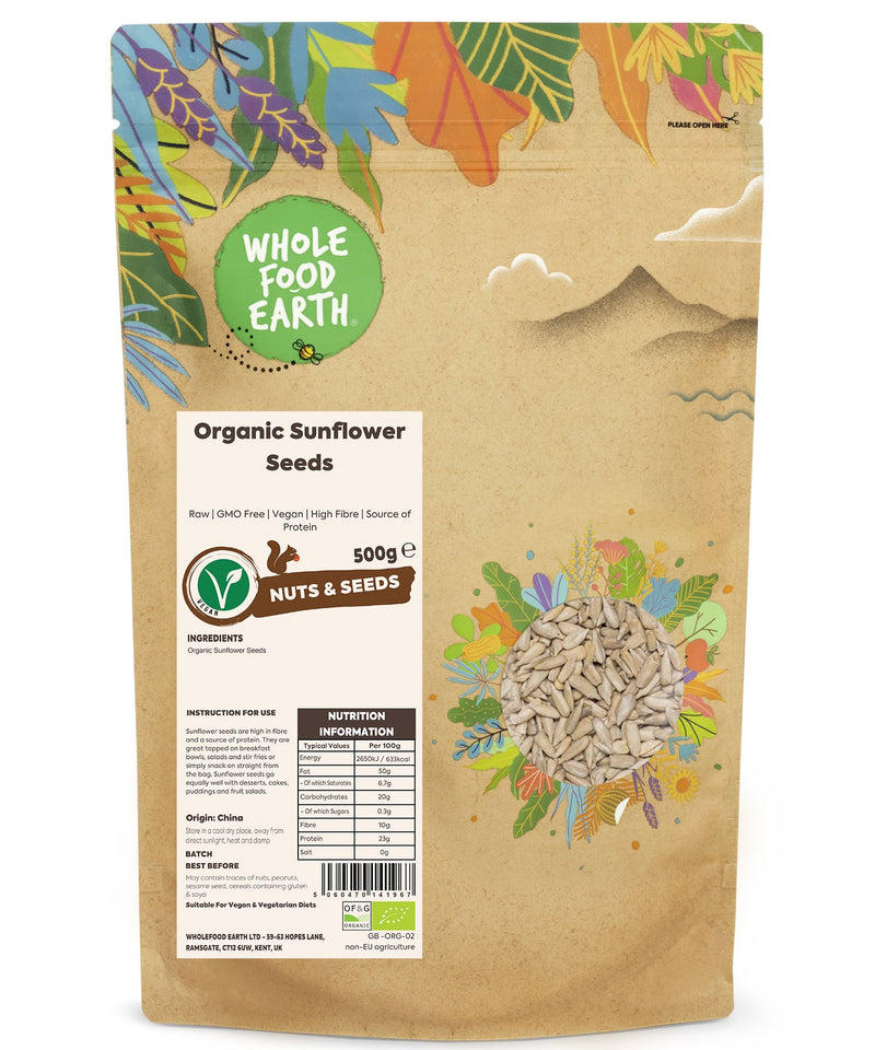 Organic Sunflower Seeds | Raw | GMO Free | Vegan | High Fibre | Source of Protein - Wholefood Earth® - 5060470141967