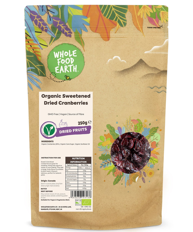 Organic Sweetened Dried Cranberries | GMO Free | Vegan | Source of Fibre - Wholefood Earth® - 5060470143138