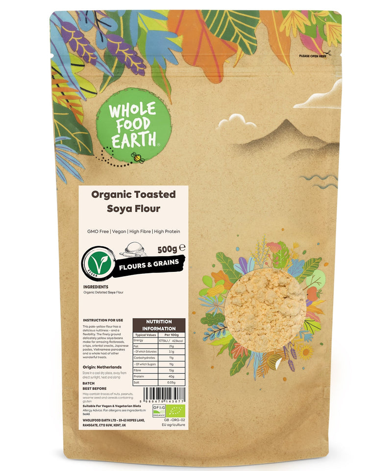 Organic Toasted Soya Flour | GMO Free | Vegan | High Fibre | High Protein - Wholefood Earth® - 5060470143077