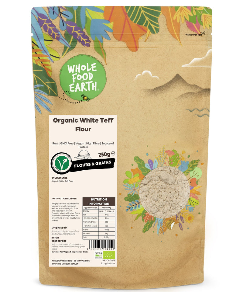 Organic White Teff Flour | Raw | GMO Free | Vegan | High Fibre | Source of Protein - Wholefood Earth® - 5060470142841