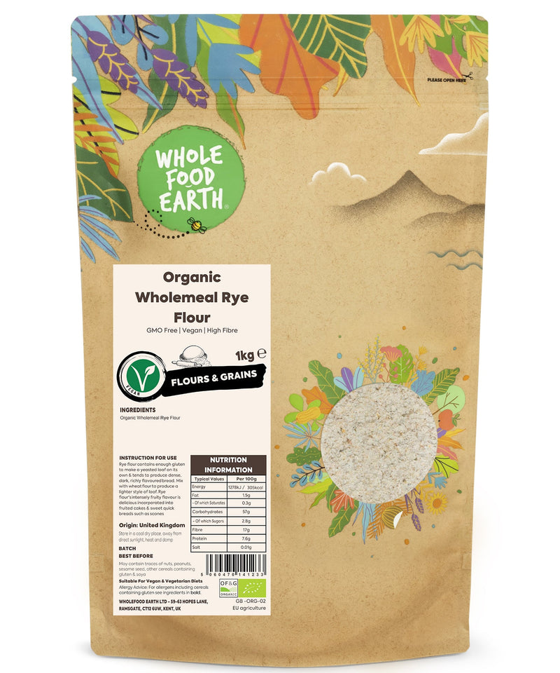 Organic Wholemeal Rye Flour | GMO Free | Vegan | High Fibre - Wholefood Earth® - 5060470141233