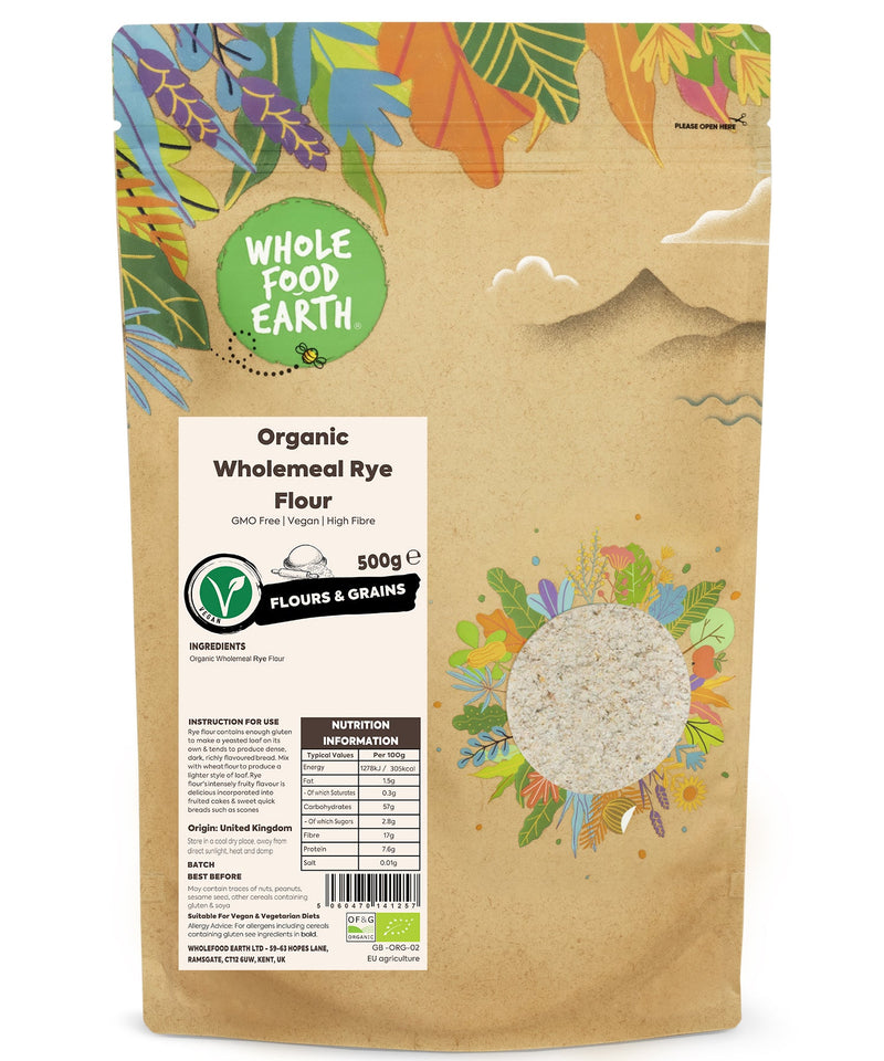 Organic Wholemeal Rye Flour | GMO Free | Vegan | High Fibre - Wholefood Earth® - 5060470141257
