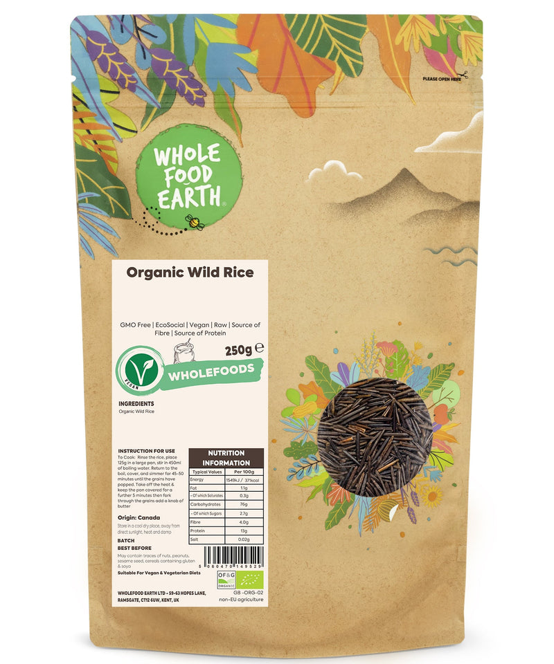 Organic Wild Rice | GMO Free | EcoSocial | Vegan | Raw | Source of Fibre | Source of Protein - Wholefood Earth® - 5060470149529